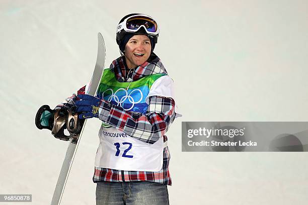 Kelly Clark of The United States reacts after her first run during the women's snowboard halfpipe final on day seven of the Vancouver 2010 Winter...