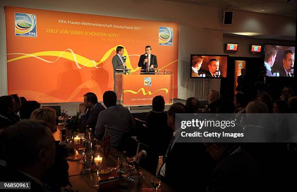 Moderator Jens Grittner and Wolfgang Niersbach welcomes the audience duringthe FIFA Women's World Cup 2011 Countdown event at the Borussia Park Arena...