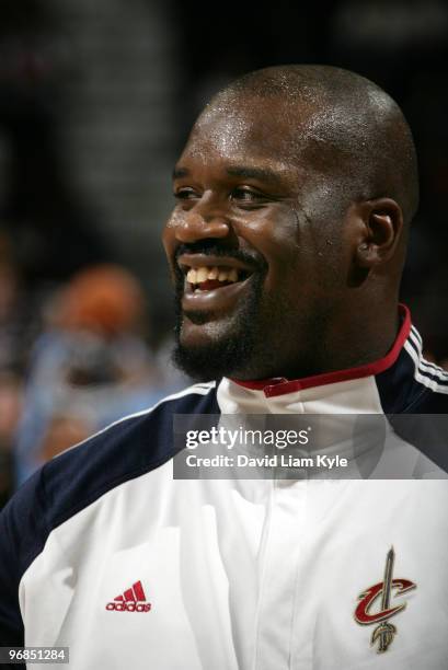 Shaquille O'Neal of the Cleveland Cavaliers smiles wide during warm-ups before the game against the Denver Nuggets on February 18, 2010 at The...