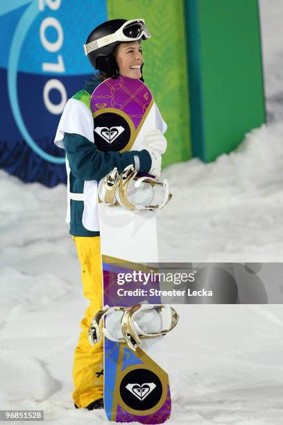 Torah Bright of Australia reacts after her second run during the women's snowboard halfpipe final on day seven of the Vancouver 2010 Winter Olympics...