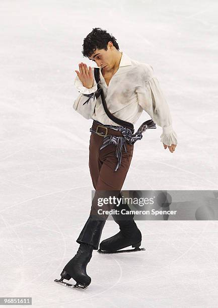 Javier Fernandez of Spain competes in the men's figure skating free skating on day 7 of the Vancouver 2010 Winter Olympics at the Pacific Coliseum on...