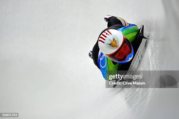 Katie Uhlaender of The United States competes in the women's skeleton run 2 on day 7 of the 2010 Vancouver Winter Olympics at The Whistler Sliding...