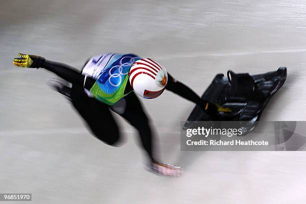 Katie Uhlaender of The United States competes in the women's skeleton run 2 on day 7 of the 2010 Vancouver Winter Olympics at The Whistler Sliding...