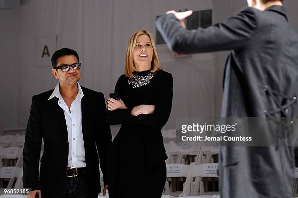 Designer Naeem Khan and Mary Alice Stephenson watch a dress rehearsel for the Naeem Khan Mercedes Benz 2010 Fall Fashion Show at Bryant Park on...