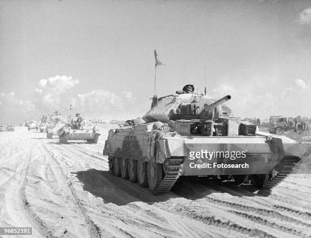 Photograph of Crusader Mark II battle tanks of the British 8th Army moving up to the Battle Area, November 2nd, 1942.