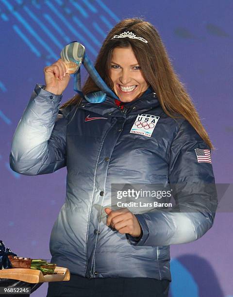 Julia Mancuso of the United States celebrates winning the silver medal during the medal ceremony for the Ladies' Super Combined on day 7 of the...