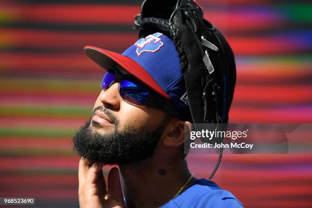 Nomar Mazara of the Texas Rangers before playing the Los Angeles Angels of Anaheim at Angel Stadium on June 2, 2018 in Anaheim, California.