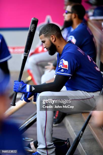 Nomar Mazara of the Texas Rangers in the dugout before playing the Los Angeles Angels of Anaheim at Angel Stadium on June 2, 2018 in Anaheim,...