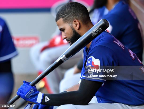 Nomar Mazara of the Texas Rangers in the dugout before playing the Los Angeles Angels of Anaheim at Angel Stadium on June 2, 2018 in Anaheim,...