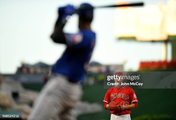 Garrett Richards of the Los Angeles Angels of Anaheim faces Nomar Mazara of the Texas Rangers in the fourth inning at Angel Stadium on June 2, 2018...