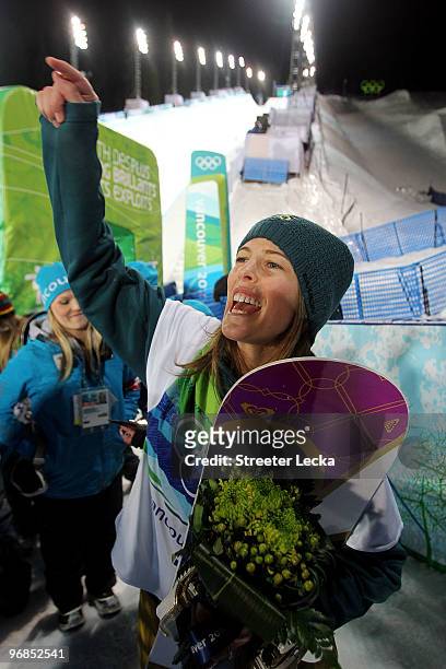 Torah Bright of Australia celebrates winning the gold medal in the women's snowboard halfpipe final on day seven of the Vancouver 2010 Winter...