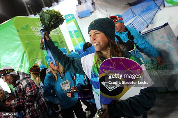 Torah Bright of Australia celebrates winning the gold medal in the women's snowboard halfpipe final on day seven of the Vancouver 2010 Winter...