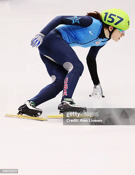 Katherine Reutter of the United States leads during the ladies 500m heats on day 6 of the Vancouver 2010 Winter Olympics at Pacific Coliseum on...