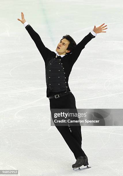 Patrick Chan of Canada competes in the men's figure skating free skating on day 7 of the Vancouver 2010 Winter Olympics at the Pacific Coliseum on...