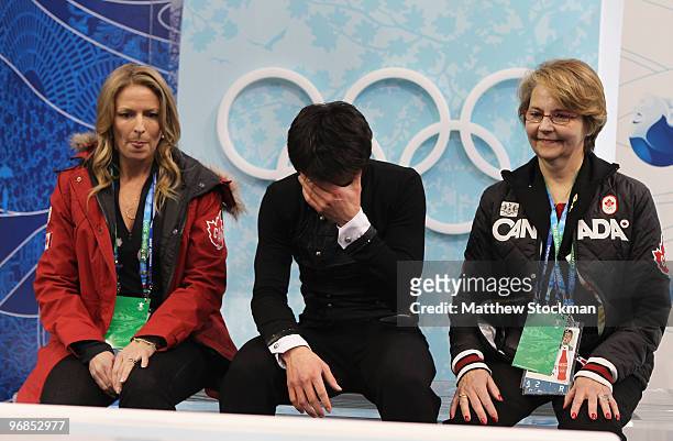 Patrick Chan of Canada reacts in the kiss and cry area after he competed in the men's figure skating free skating on day 7 of the Vancouver 2010...