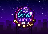 Super loto neon sign. Bingo lotto logo in a neon style, bright symbol, lototron, neon banner, bright night advertising for your projects. Vector Illustrations. Billboard