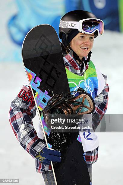 Kelly Clark of the United States reacts after her second run during the women's snowboard halfpipe final on day seven of the Vancouver 2010 Winter...