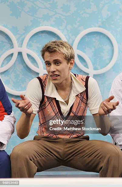 Michal Brezina of Czech Republic reacts in the kiss and cry area after he competed in the men's figure skating free skating on day 7 of the Vancouver...