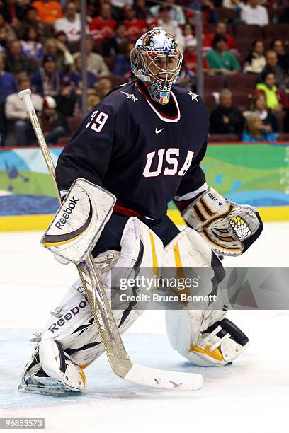 Goalkeeper Ryan Miller of The United States in action during the ice hockey men's preliminary game between USA and Switzerland on day 5 of the...