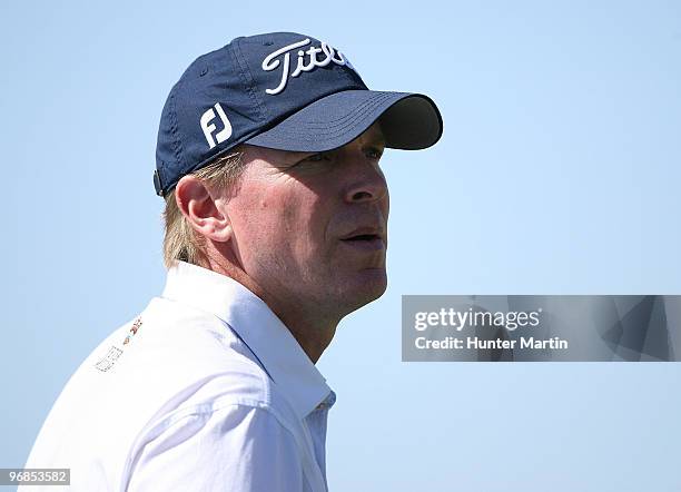 Steve Stricker ponders during the second practice round prior to the start of the Accenture Match Play Championship at the Ritz-Carlton Golf Club on...