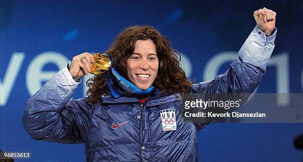 Shaun White of United States celebrates his gold medal during the medal ceremony for the Men�s Halfpipe on day 7 of the Vancouver 2010 Winter...