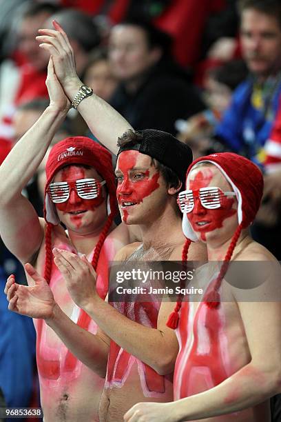 Canadian fans cheer during the curling round robin game between Canada and France on day 7 of the Vancouver 2010 Winter Olympics at Vancouver Olympic...