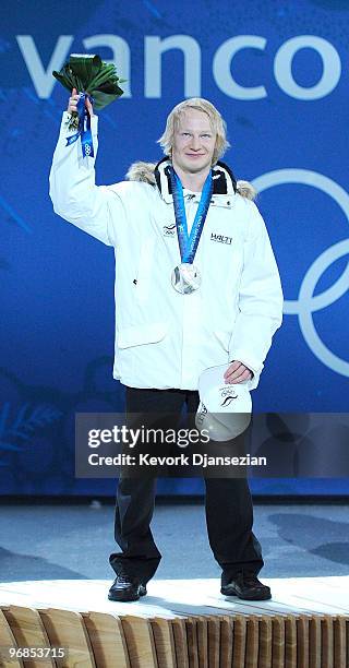 Peetu Piiroinen of Finland celebrates winning the silver medal during the medal ceremony for the Men�s Halfpipe on day 7 of the Vancouver 2010 Winter...