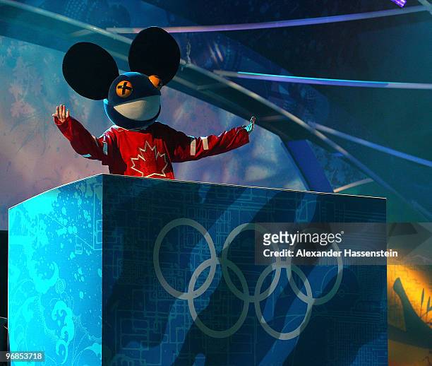Deadmau5 performs during the medal ceremony on day 7 of the Vancouver 2010 Winter Olympics at Whistler Medals Plaza on February 18, 2010 in Whistler,...