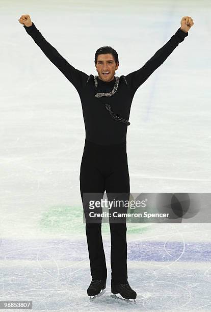 Evan Lysacek of the United States reacts after he competes in the men's figure skating free skating on day 7 of the Vancouver 2010 Winter Olympics at...