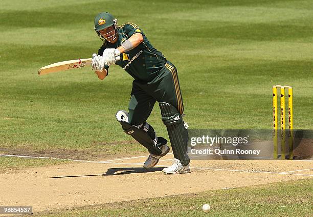 Shane Watson of Australia bats during the Fifth One Day International match between Australia and the West Indies at Melbourne Cricket Ground on...