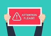 Alert signs vector.Attention please concept vector illustration of important announcement. Flat human hands hold caution red sign and banners to pay attention and be careful on green background
