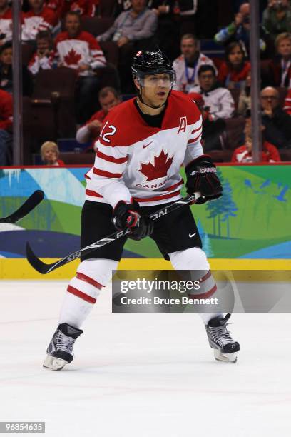 Jarome Iginla of Canada looks on during the ice hockey men's preliminary game between Switzerland and Canada on day 7 of the 2010 Winter Olympics at...