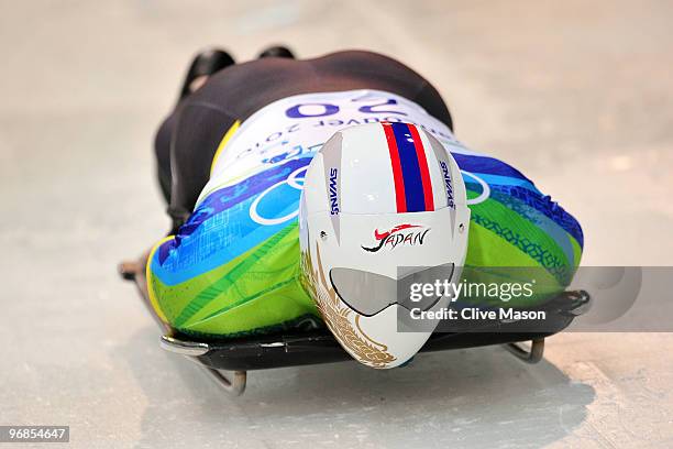 Kazuhiro Koshi of Japan competes in the men's skeleton run 1 on day 7 of the 2010 Vancouver Winter Olympics at The Whistler Sliding Centre on...