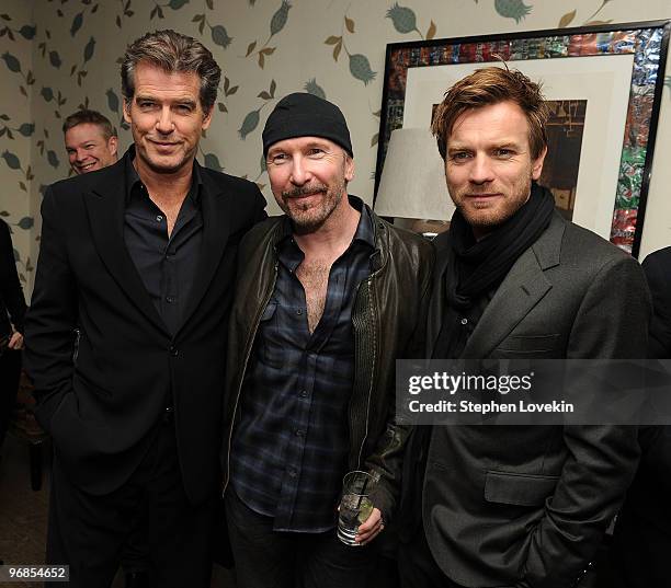 Actor Pierce Brosnan, musician The Edge of U2, and actor Ewan McGregor attend the after party for the Cinema Society & Screenvision screening of "The...