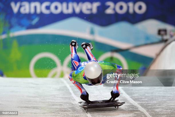 Gregory Saint-Genies of France competes in the men's skeleton run 1 on day 7 of the 2010 Vancouver Winter Olympics at The Whistler Sliding Centre on...