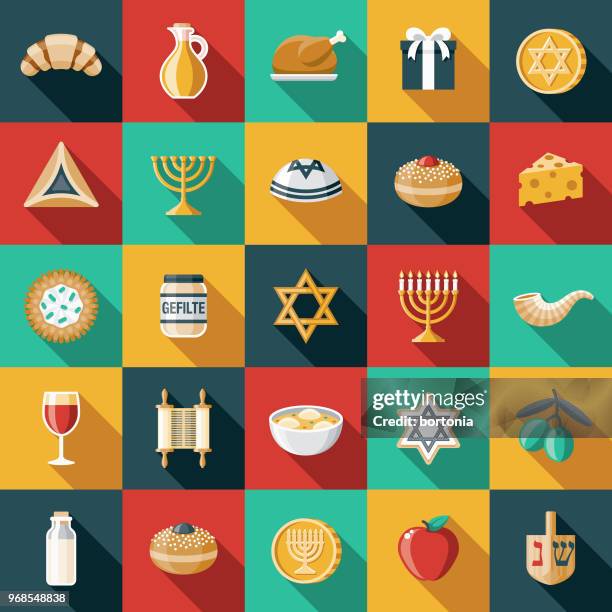 ilustraciones, imágenes clip art, dibujos animados e iconos de stock de hanukkah diseño plano icon set - judaísmo