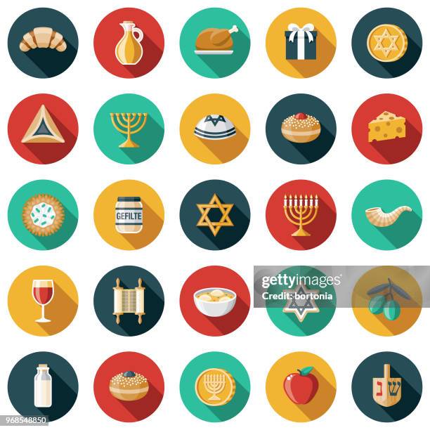 hanukkah flat design icon set - matzo ball soup stock illustrations