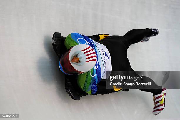 Katie Uhlaender of The United States in the women's skeleton on day 7 of the 2010 Vancouver Winter Olympics at The Whistler Sliding Centre on...