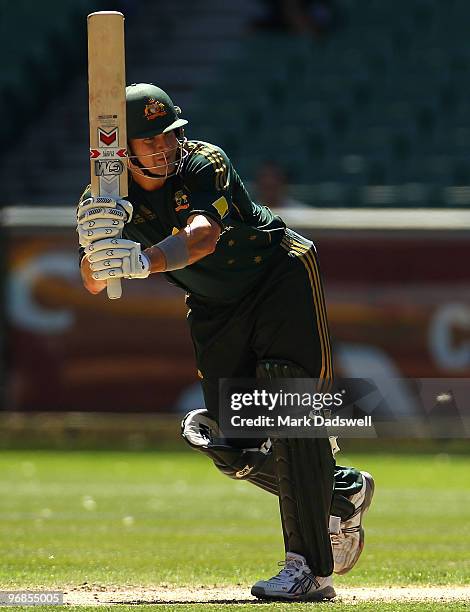 Shane Watson of Australia clips a ball off his pads during the Fifth One Day International match between Australia and the West Indies at Melbourne...