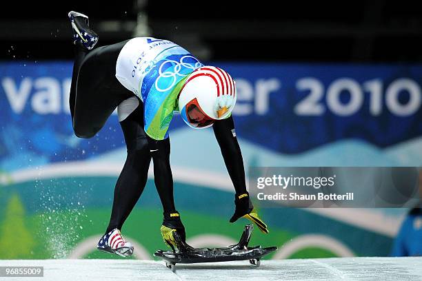 Katie Uhlaender of The United States competes in the women's skeleton run 2 on day 7 of the 2010 Vancouver Winter Olympics at The Whistler Sliding...