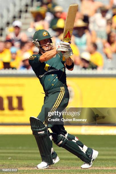 Michael Clarke of Australia bats during the Fifth One Day International match between Australia and the West Indies at Melbourne Cricket Ground on...