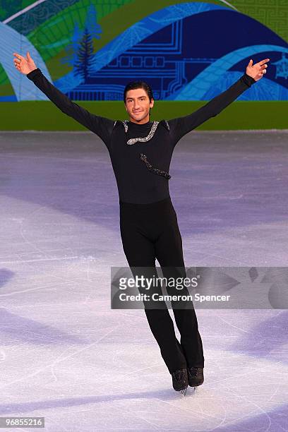 Evan Lysacek of the United States celebrates after winning the gold medal in the men's figure skating free skating on day 7 of the Vancouver 2010...