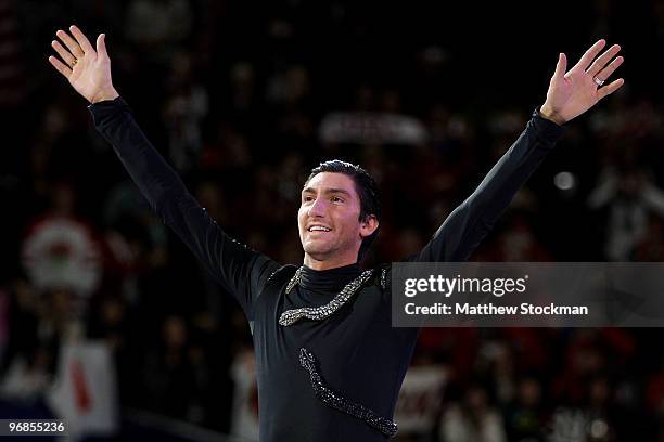 Evan Lysacek of the United States celebrates after winning the gold medal in the men's figure skating free skating on day 7 of the Vancouver 2010...