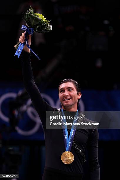 Evan Lysacek of the United States celebrates after winning the gold medal in the men's figure skating free skating on day 7 of the Vancouver 2010...