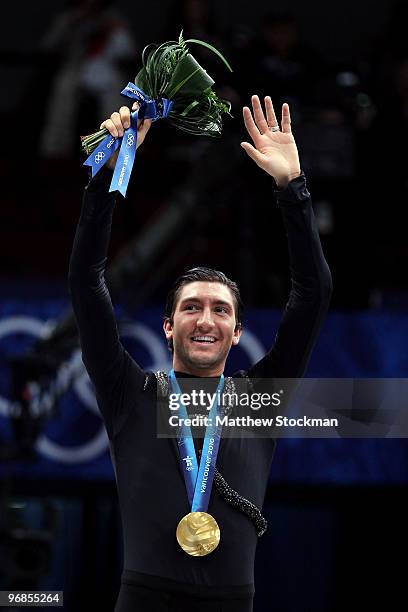 Evan Lysacek of the United States celebrates after winning the gold medal in the men's figure skating free skating on day 7 of the Vancouver 2010...