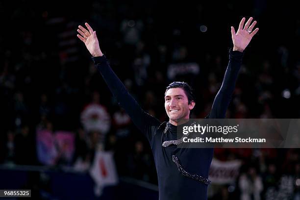 Evan Lysacek of the United States celebrates after winning the gold medal in the men's figure skating free skating on day 7 of the Vancouver 2010...