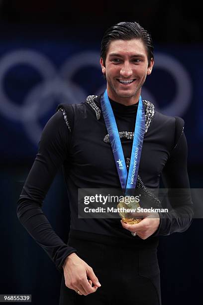 Evan Lysacek of the United States celebrates after winning the gold medal in the men's figure skating free skating on day 7 of the Vancouver 2010...