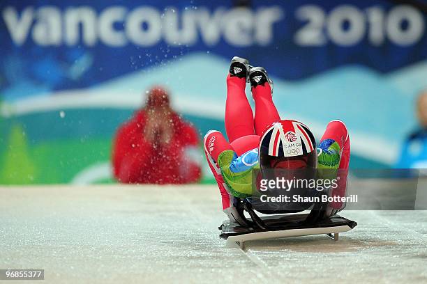 Amy Williams of Great Britain and Northern Ireland competes in the women's skeleton run 2 on day 7 of the 2010 Vancouver Winter Olympics at The...