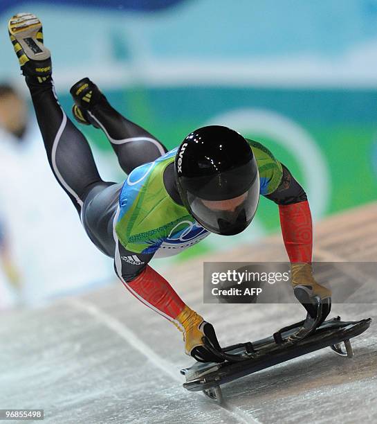 Germany's Michi Halilovic competes in the men's Skeleton heat at the Whistler Sliding Centre during the Vancouver Winter Olympics on February 18,...