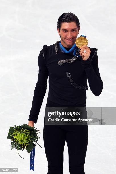 Evan Lysacek of the United States celebrates after winning the gold medal in the men's figure skating free skating on day 7 of the Vancouver 2010...